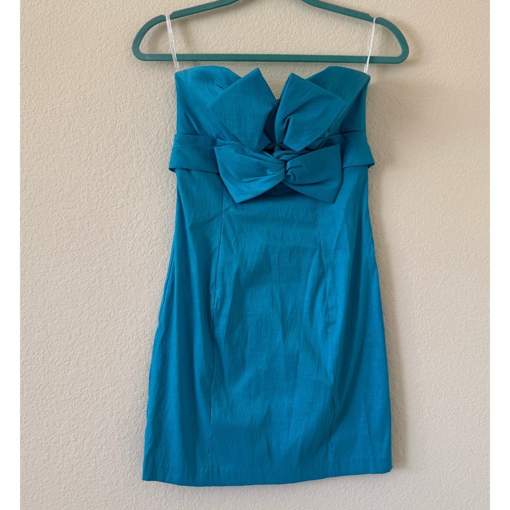 Y2K Jessica McClintock Gunne Sax Turquoise Blue Strapless Bow Mini Dress Size Sm